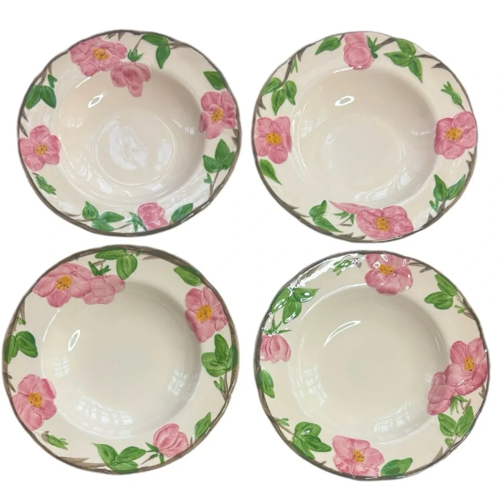 Franciscan Desert Rose 8” Rim Soup Salad Bowl Set 4 Vintage England Cream Pink
